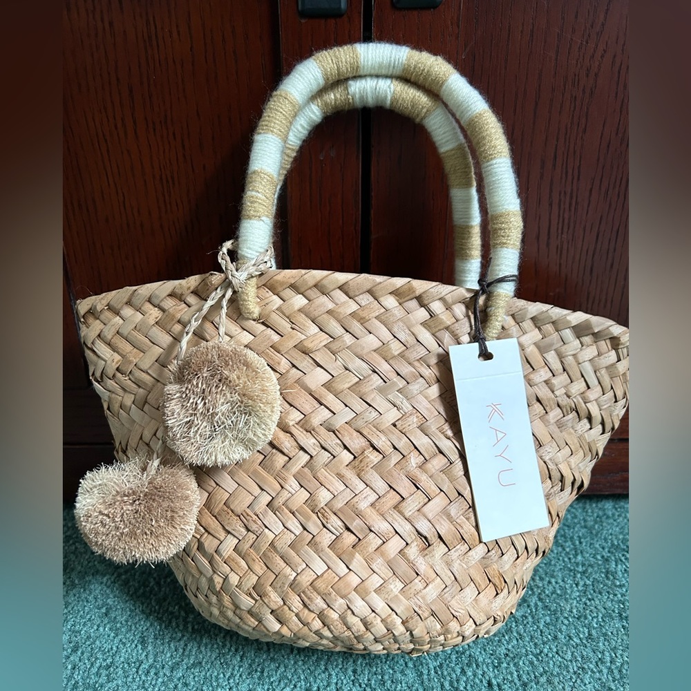 NWT Kayu Mini St. Tropez Pom Pom Straw Tote